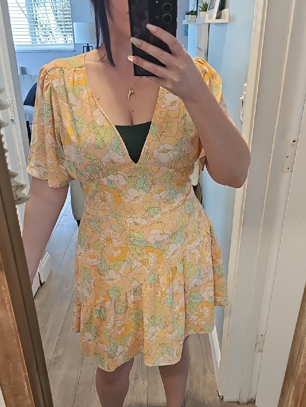 Versona Floral V-Neck Short Sleeve Dress in Orange